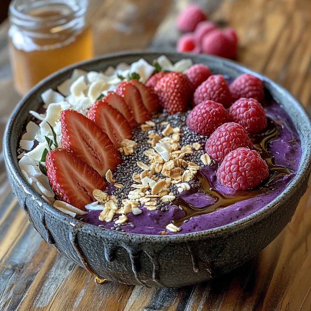 colorful acai bowl featuring a rich purple acai base, topped with perfectly arranged slices of fresh strawberries, whole raspberries, granola, shredded coconut, and chia seeds