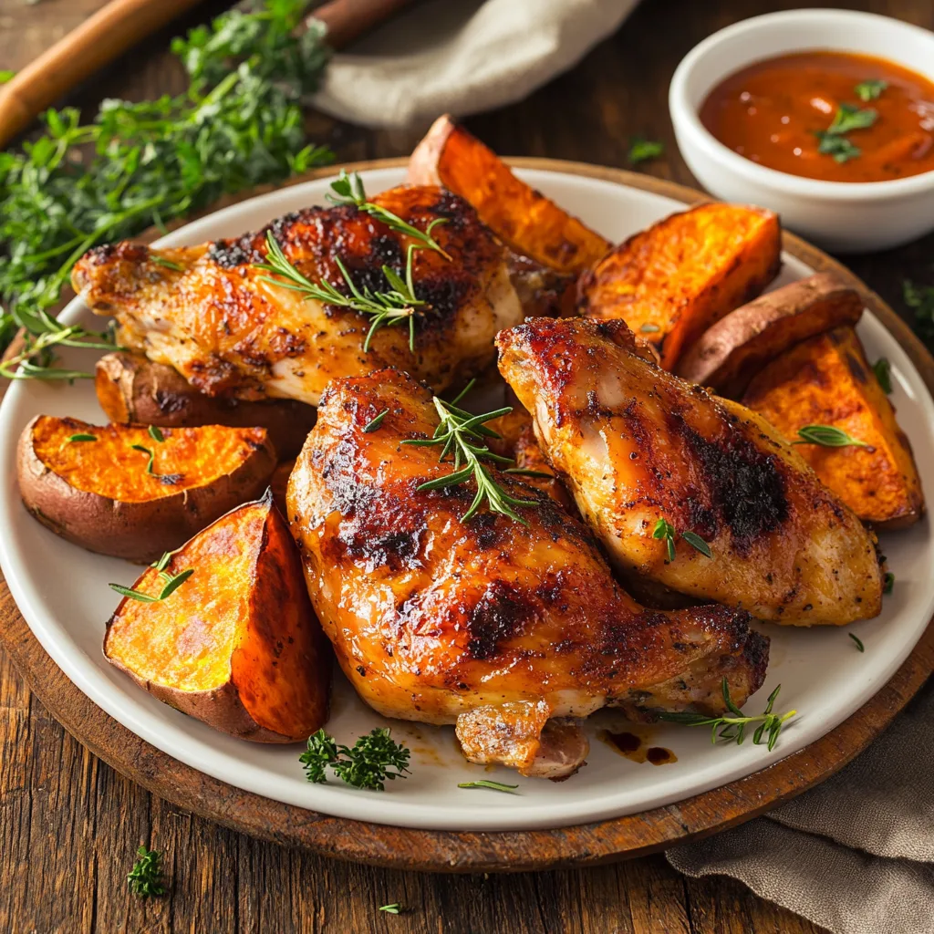 An appetizing plate of golden-brown baked chicken and caramelized sweet potatoes garnished