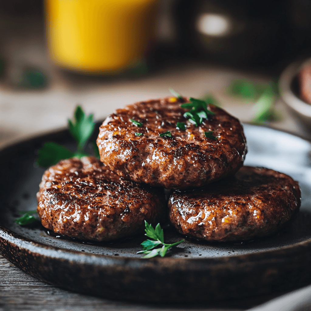 Beef breakfast sausage patties sizzling in a pan, perfect for a hearty morning meal.