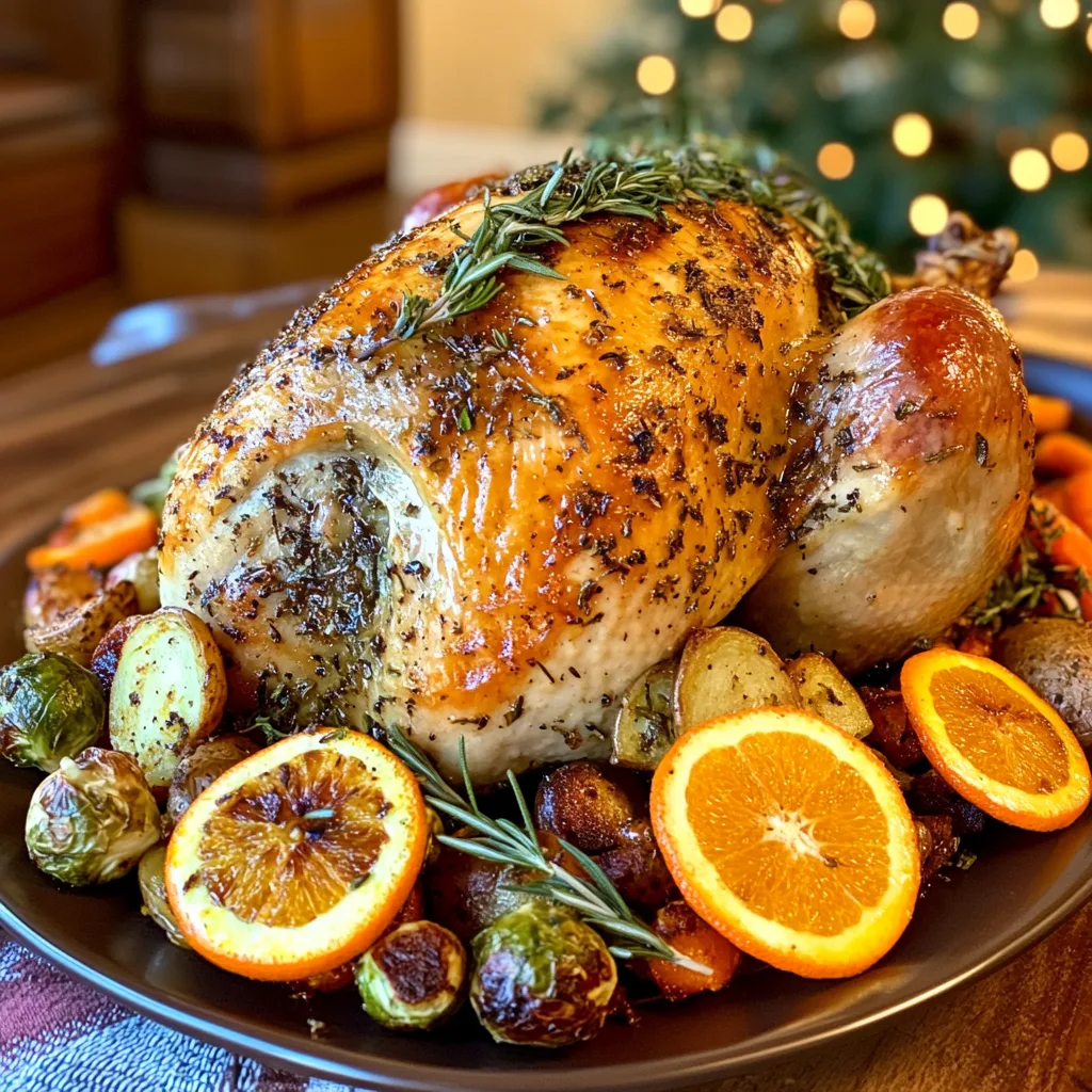 A perfectly roasted whole turkey with crispy golden-brown skin, garnished with fresh rosemary, thyme, and slices of orange