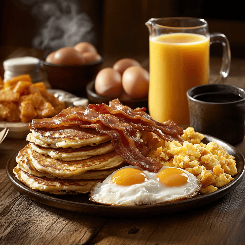 breakfast spread featuring fluffy pancakes, scrambled eggs, crispy bacon, and golden hash