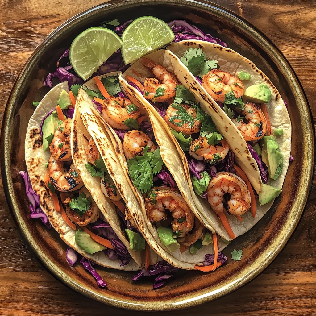 plate of shrimp tacos with slaw. Soft corn tortillas filled with grilled shrimp seasoned with spices, topped with vibrant slaw made of purple cabbage and carrots, garnished with fresh cilantro and lime wedges. The tacos are presented on a rustic wooden table, with a creamy lime dressing drizzled on top and scattered avocado slices.
