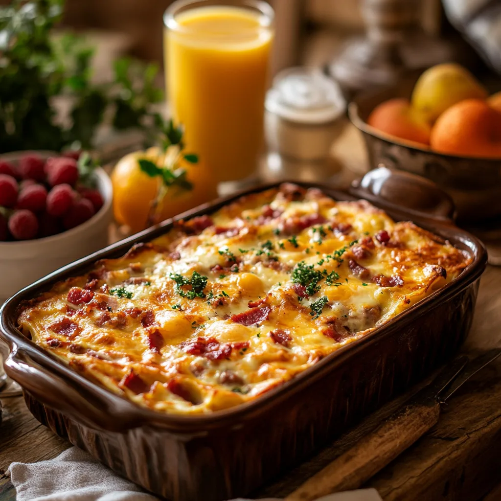 breakfast lasagna, golden and bubbly on top, layered with scrambled eggs, crispy bacon, sausage, melted cheese, and hash browns, served in a rustic ceramic baking dish. The table is styled with a side of fresh fruit, orange juice, and coffee