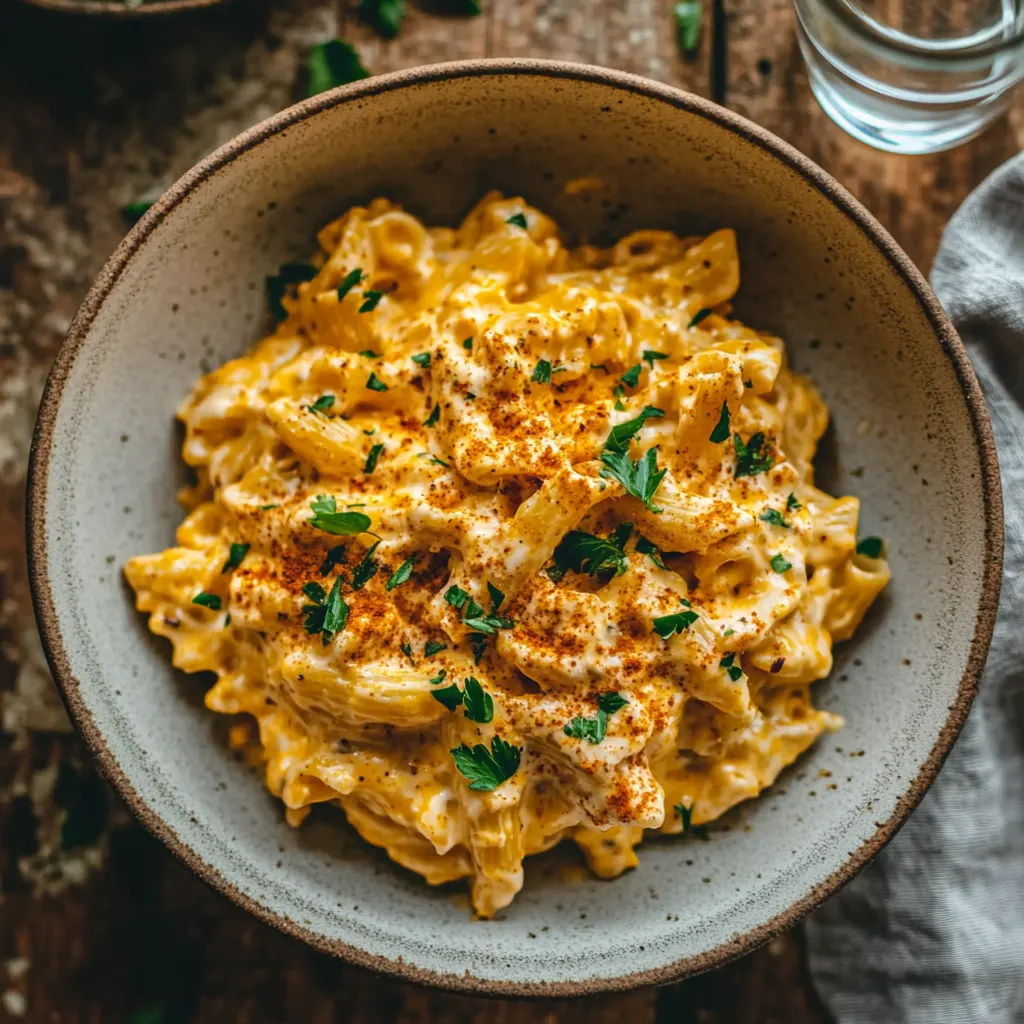 bowl of high-protein mac and cheese, featuring golden, creamy pasta with a rich cheese sauce made from cottage cheese and Greek yogurt.