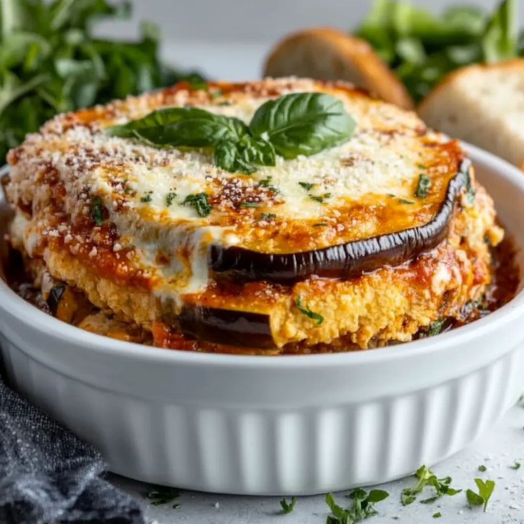 chicken eggplant parmesan in a white ceramic dish, with layers of golden breaded chicken, tender eggplant slices, bubbling mozzarella cheese, and marinara sauce. Garnished with fresh basil leaves and grated Parmesan cheese, surrounded by garlic bread, a small side salad