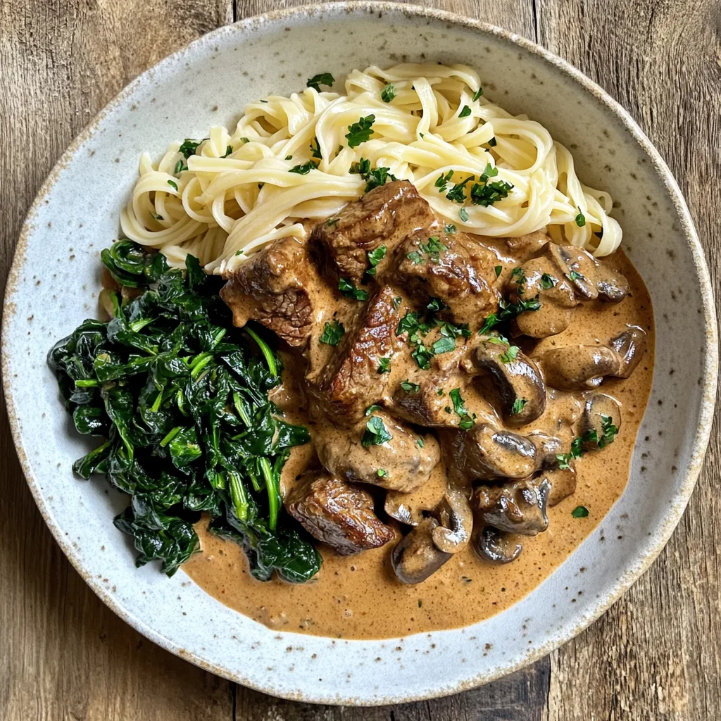 healthy beef stroganoff served in a rustic white bowl on a wooden table