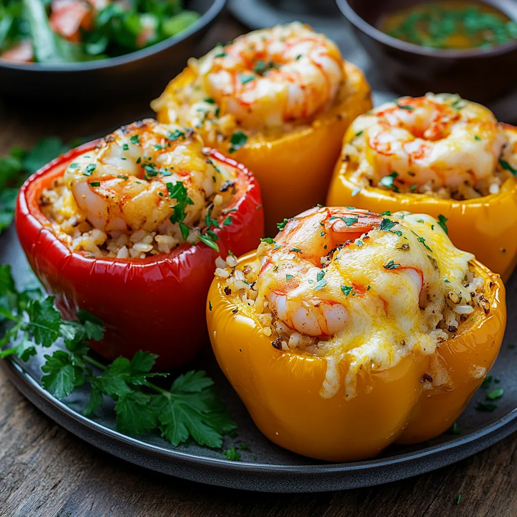 shrimp stuffed bell pepper with a golden melted cheese topping