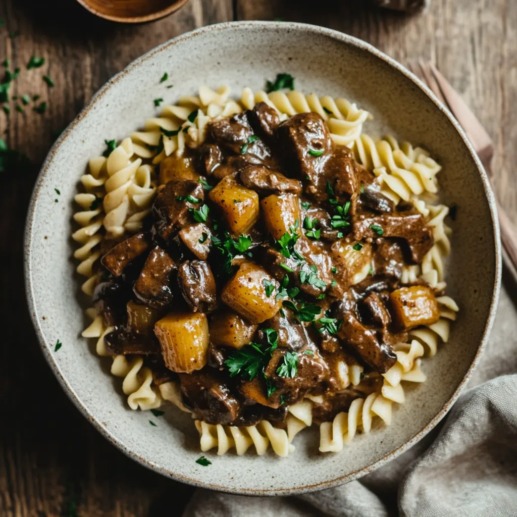 plated vegan beef stroganoff served in a rustic white bowl, with creamy pasta coated in a rich mushroom sauce, tender plant-based beef strips