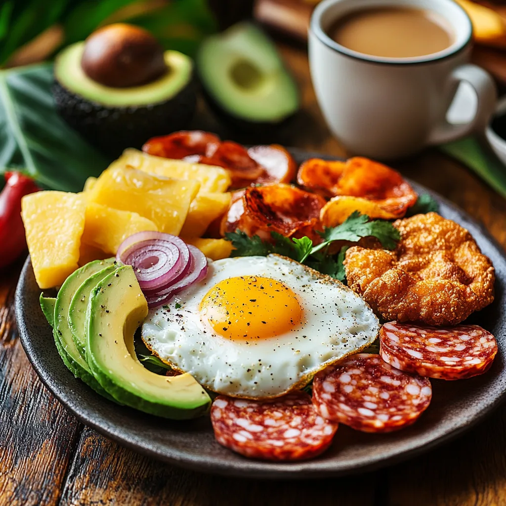 Dominican breakfast plate featuring creamy mangú topped with sautéed red onions, alongside crispy fried salami, golden fried cheese