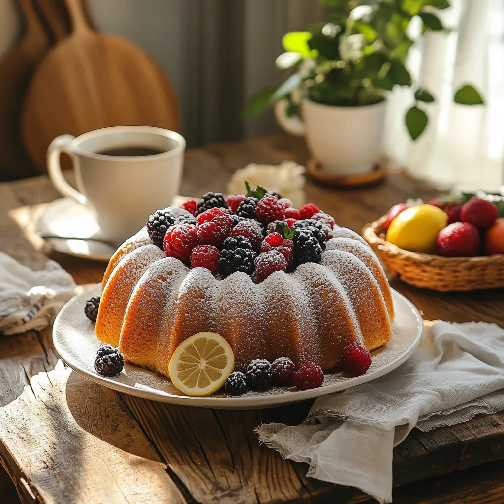 sweet bundt cake with a lemon glaze, topped with fresh berries and powdered sugar.