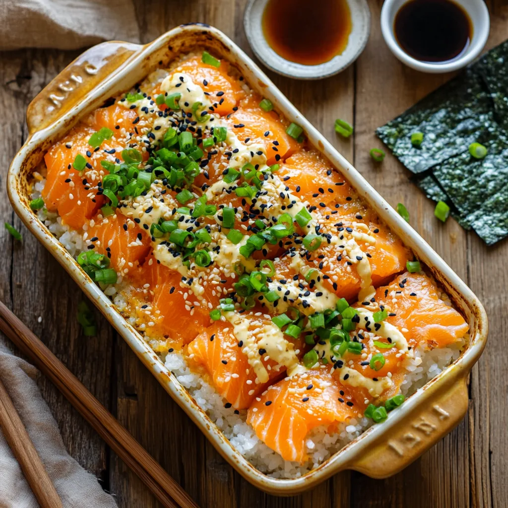 salmon sushi bake in a rectangular ceramic dish, golden-brown crust on top, with layers of fluffy sushi rice, flaked salmon