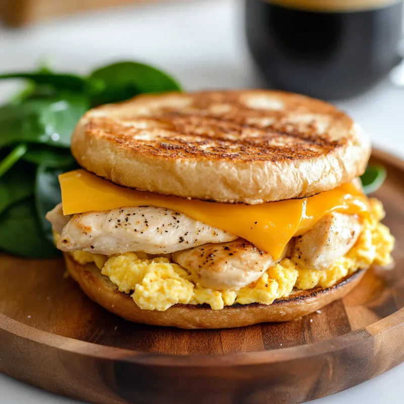 freshly made chicken breakfast sandwich, featuring grilled chicken, scrambled eggs, and melted cheddar cheese on a toasted whole-grain English muffin