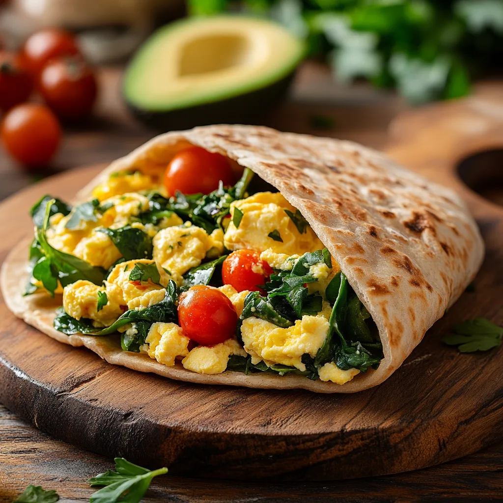 freshly baked whole-wheat pita bread split open and filled with scrambled eggs