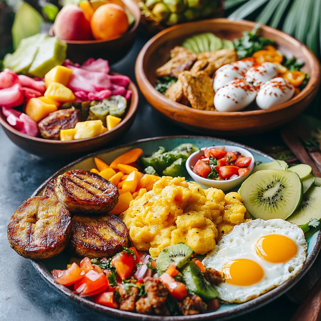 Dominican breakfast variations: one plate with tostones (crispy plantain slices) instead of mangú, another featuring mashed yuca with sautéed vegetables, a vegetarian version with plant-based sausage and grilled cheese, and a tropical-inspired plate with a large fruit bowl alongside fried cheese and eggs. Each plate is styled with vibrant garnishes and tropical accents