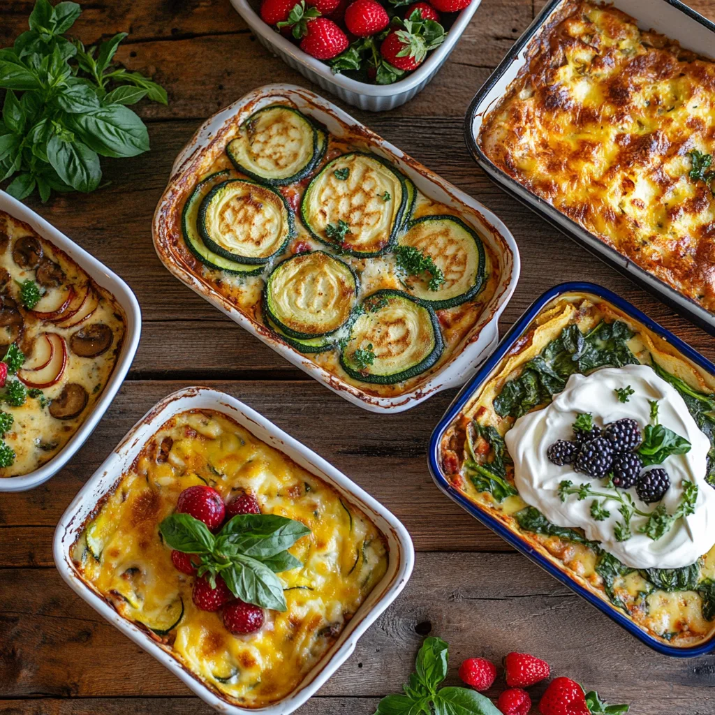 breakfast lasagna variations: one dish with zucchini slices replacing hash browns for a low-carb version