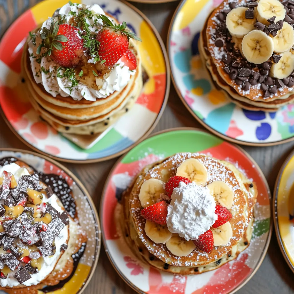 ifferent pancake variations: one stack topped with fresh strawberries and whipped cream, another with chocolate chips