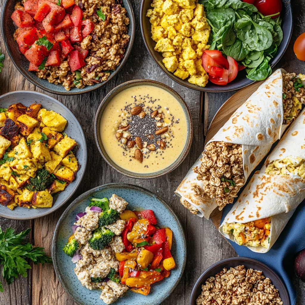 high-protein breakfast variations: one plate with scrambled tofu and roasted veggies, another featuring a smoothie bowl topped with granola and nuts, a bowl of overnight oats with chia seeds and peanut butter, and a savory breakfast wrap stuffed with turkey sausage