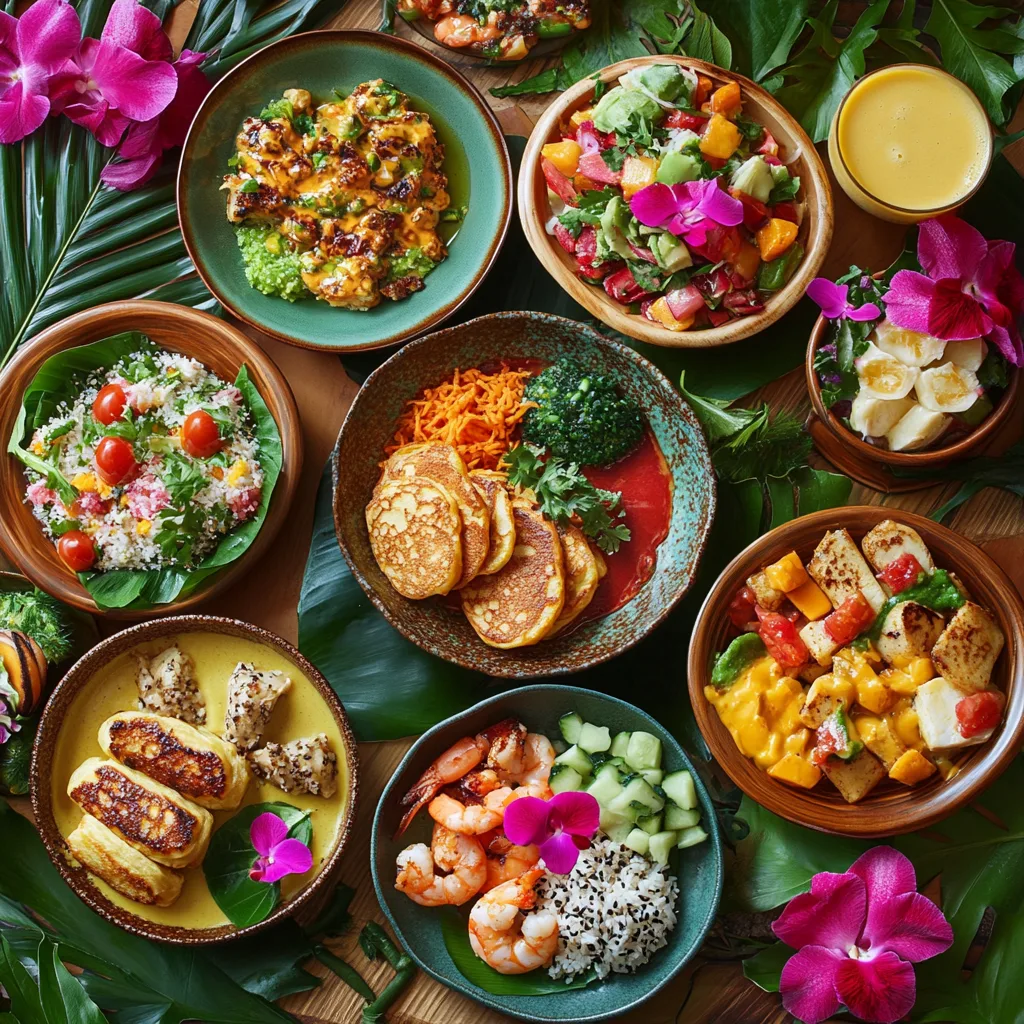 presentation of Hawaiian breakfast variations, each served on unique plates. Include dishes like taro pancakes with coconut syrup, a seafood loco moco with grilled shrimp, and a vegetarian option with sautéed tofu and vegetables. Arrange the plates on a table adorned with tropical flowers and leaves, accompanied by fresh fruit smoothies. Use warm, natural light to emphasize the diversity and vibrant colors of the dishes.