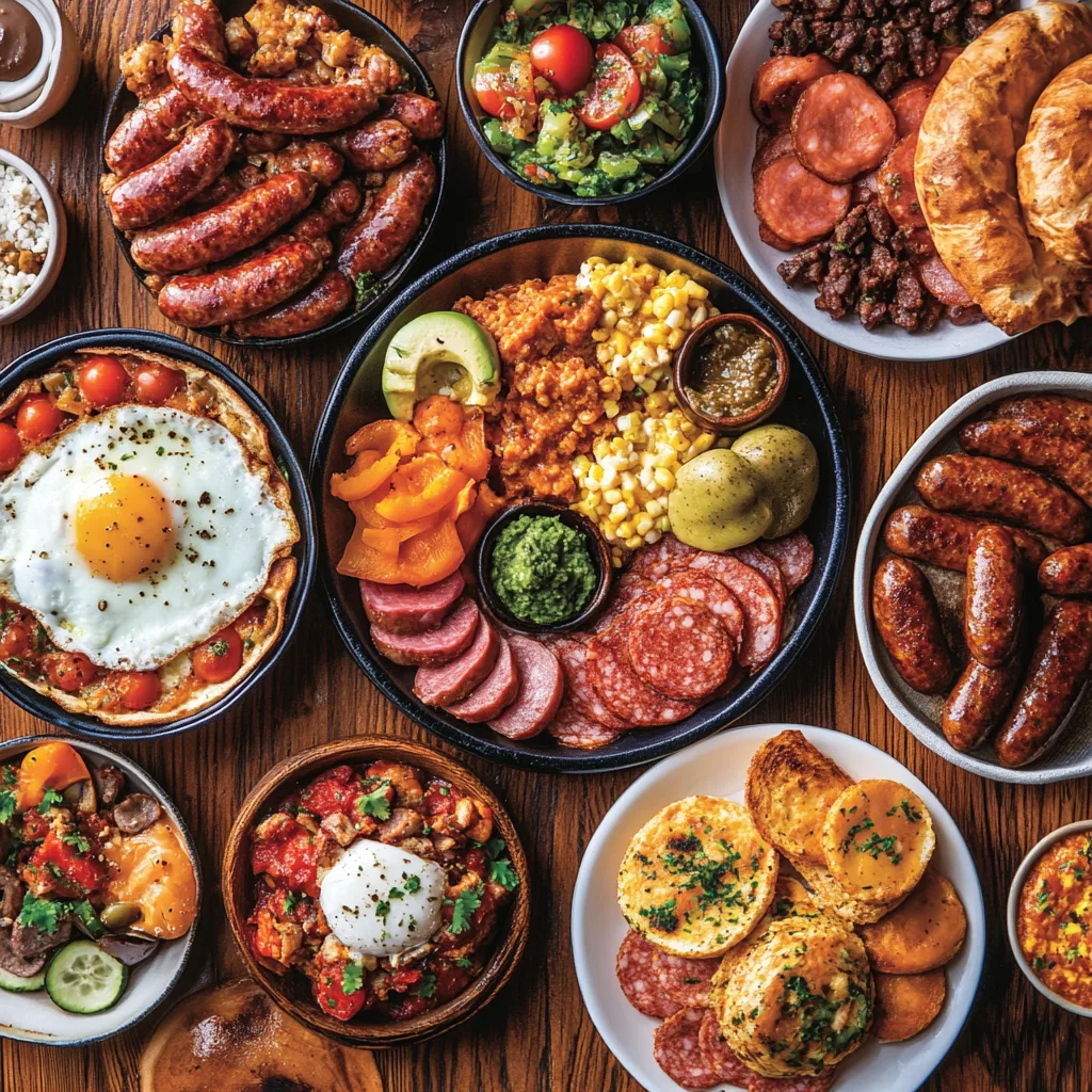 English breakfast with sausages and beans