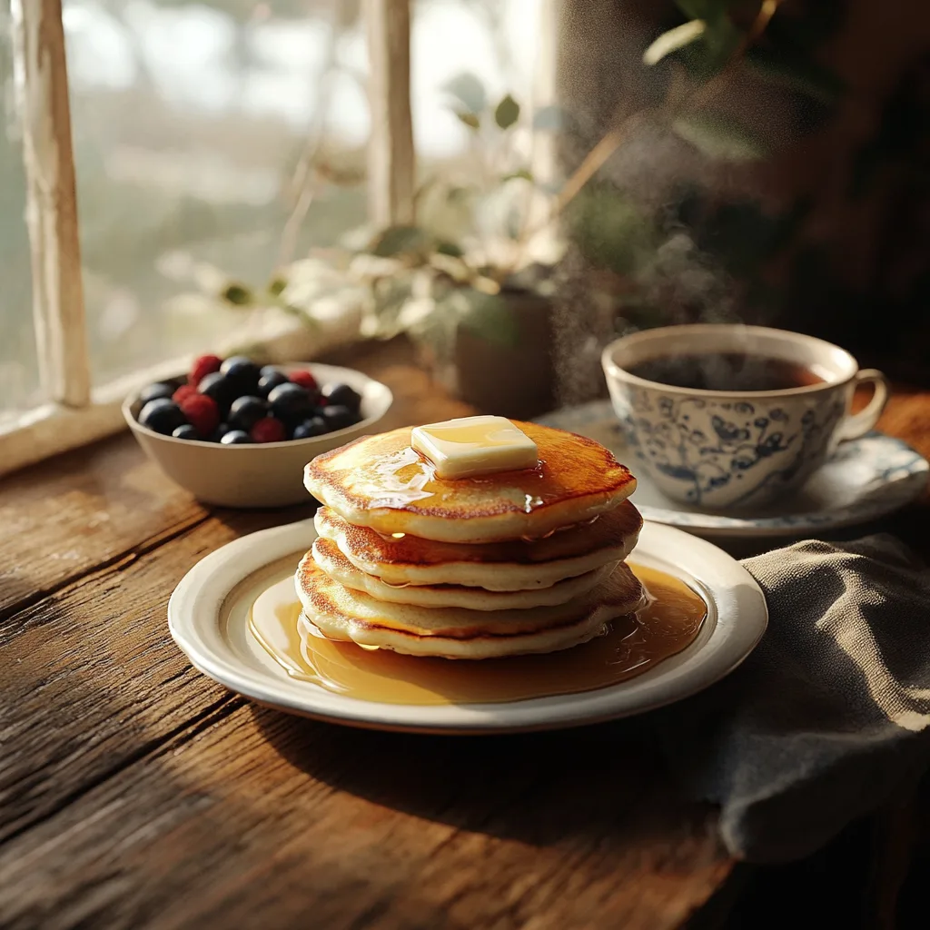 golden, fluffy pancakes on a white plate topped with melted butter and a drizzle of maple syrup
