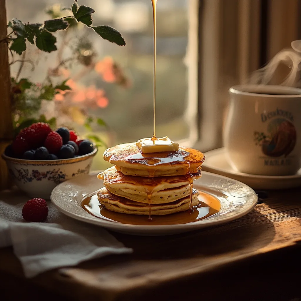 golden, fluffy pancakes on a white plate topped with melted butter and a drizzle of maple syrup