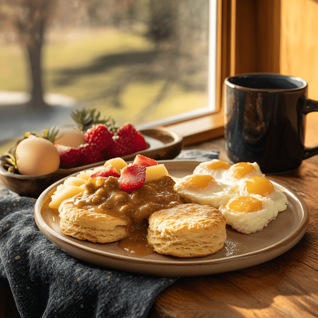 wooden table featuring a biscuit breakfast platter