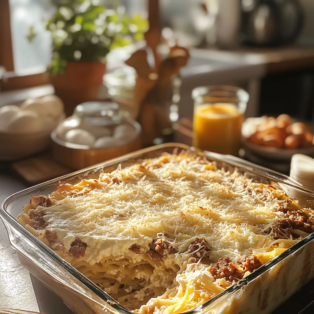 breakfast lasagna preparation process: layering shredded hash browns, scrambled eggs, and cooked sausage in a baking dish