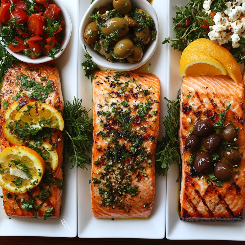 herb-grilled salmon variations, including a citrus-infused version with orange zest, a garlic rosemary crusted salmon, a spicy Cajun herb option, and a Mediterranean style with olives and feta cheese, all beautifully plated with different side dishes and garnishes