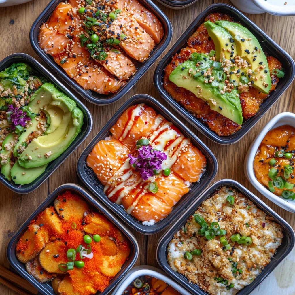 variations of salmon sushi bake: one with spicy sriracha drizzle, one with added avocado slices, one with imitation crab and salmon mixed, and a vegetarian version with roasted sweet potatoes and mushrooms. Served in small ramekins or baking dishes, garnished with furikake seasoning, surrounded by dipping sauces