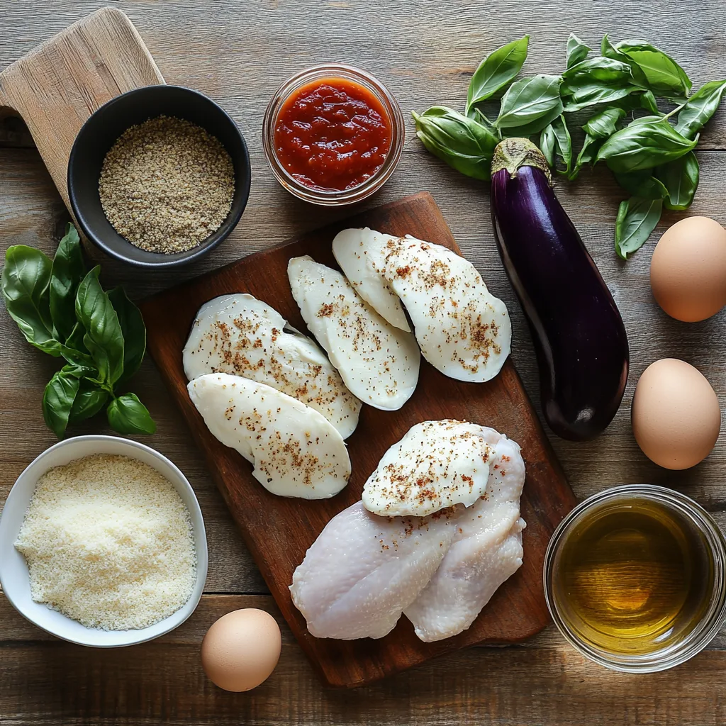 fresh ingredients for chicken eggplant parmesan: raw chicken breasts, sliced eggplant, a bowl of breadcrumbs, eggs, shredded mozzarella cheese, grated Parmesan, marinara sauce in a jar, fresh basil, olive oil, and Italian seasoning.