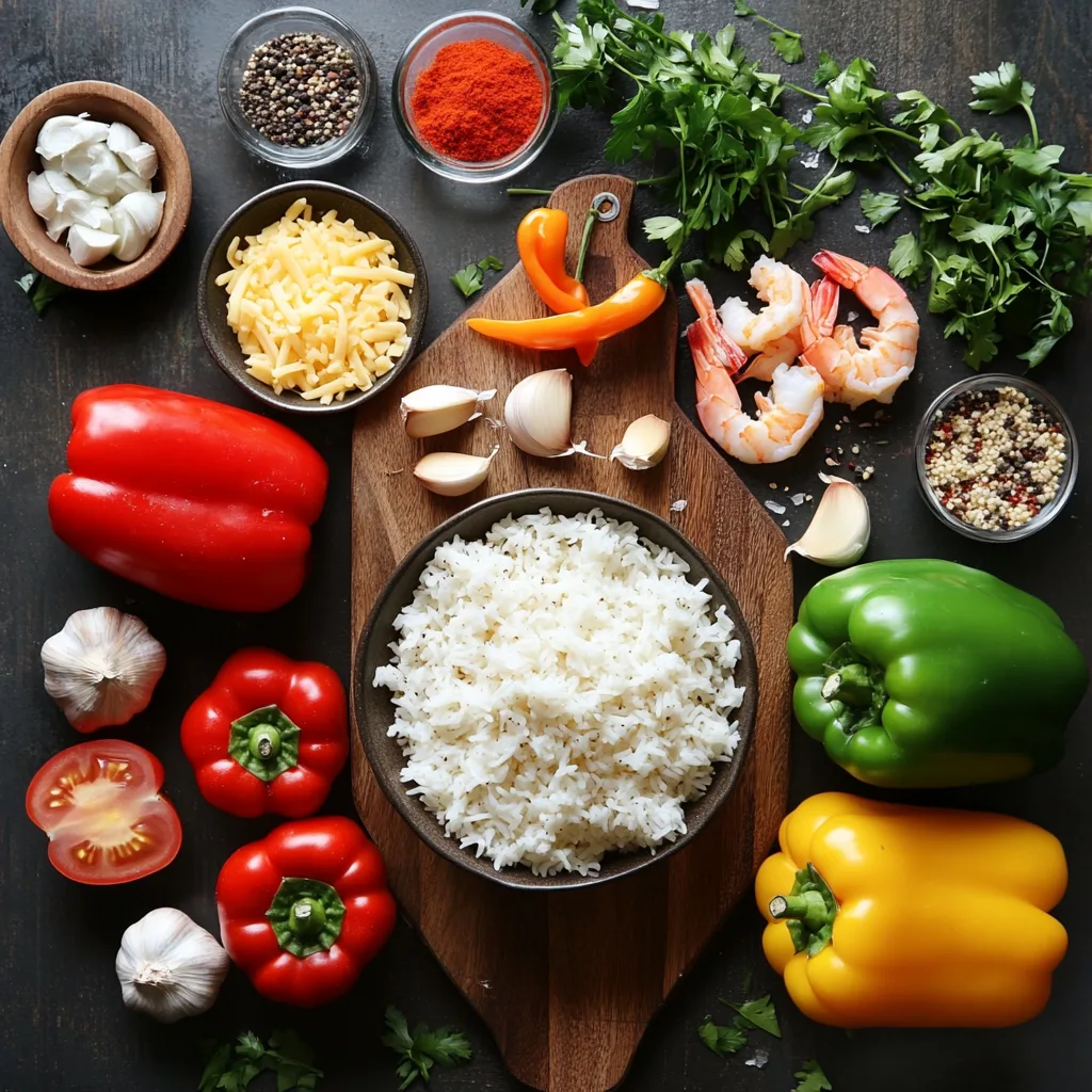 fresh ingredients for shrimp stuffed bell peppers: red, yellow, and green bell peppers, fresh shrimp, a bowl of fluffy white rice, diced tomatoes