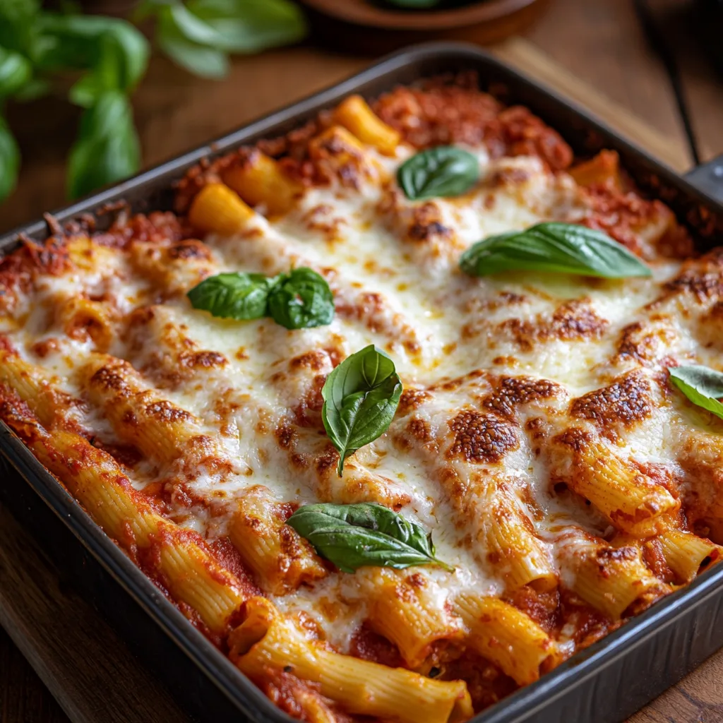 bubbling tray of vegetarian baked ziti, layers of tender pasta, rich marinara sauce, creamy ricotta, and gooey melted mozzarella,