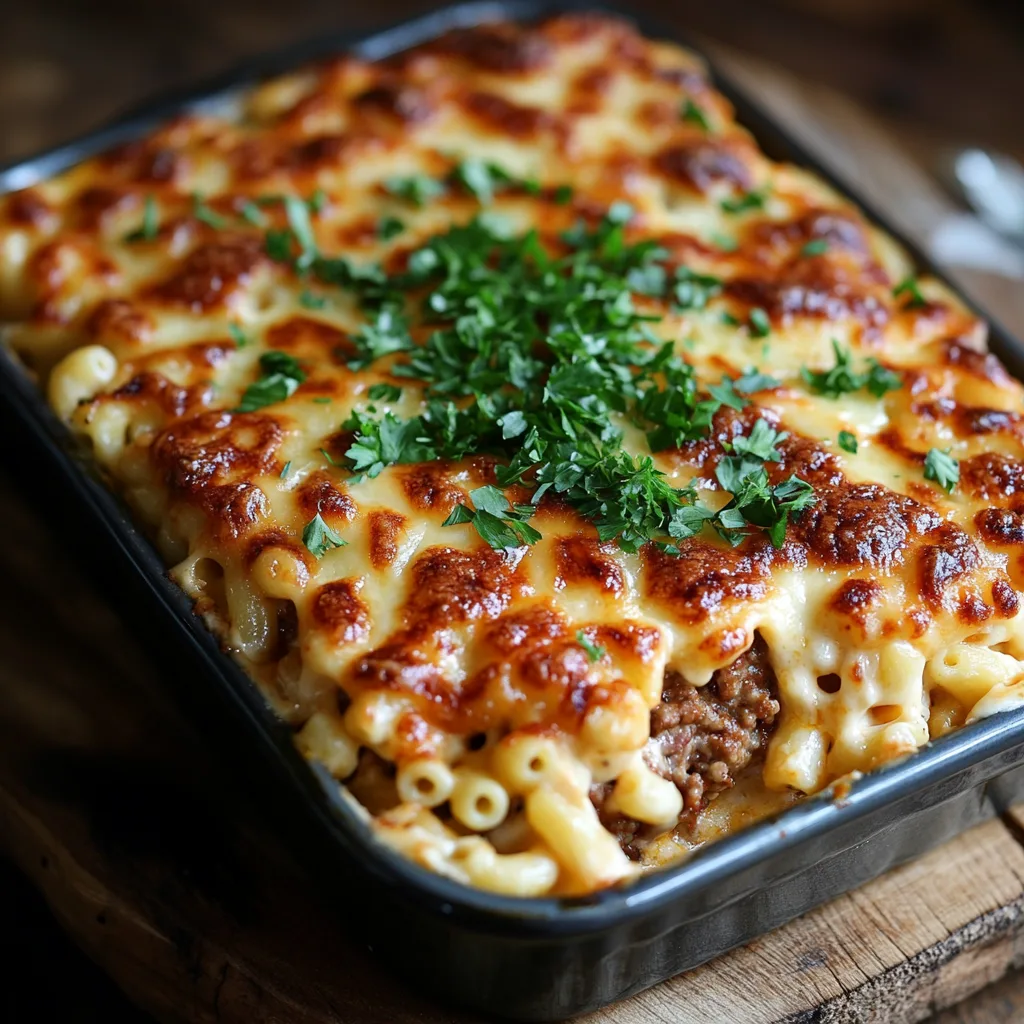 A hearty Mac and Cheese Meatloaf Casserole, golden and bubbly cheese crust, creamy macaroni on top