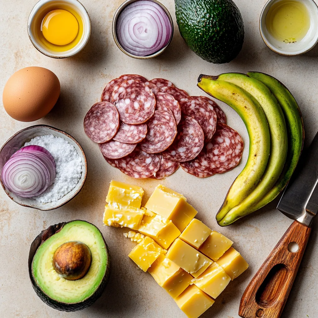 ingredients for a Dominican breakfast: green plantains, sliced salami, thick cheese for frying, fresh eggs, sliced red onions