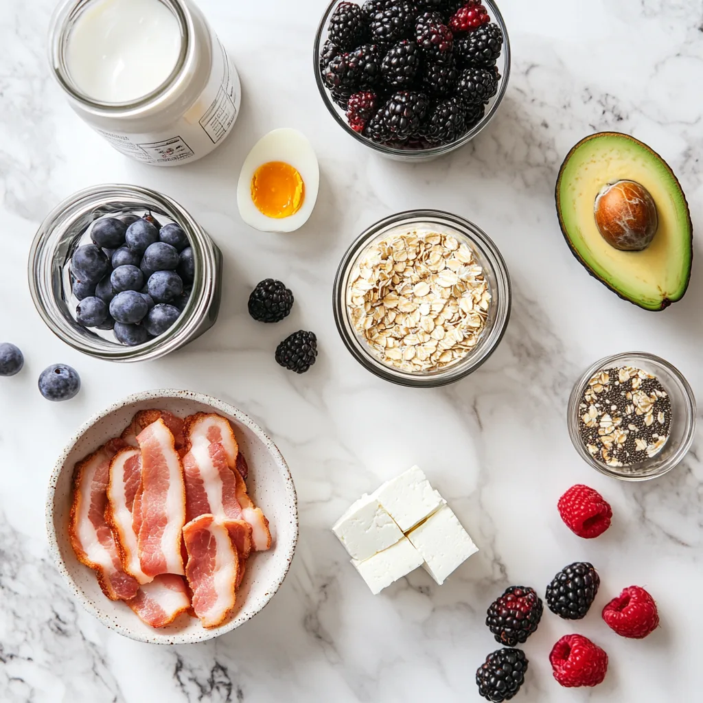 ingredients for a high-protein breakfast: fresh eggs in a bowl, sliced turkey bacon, a block of tofu, ripe avocado, Greek yogurt