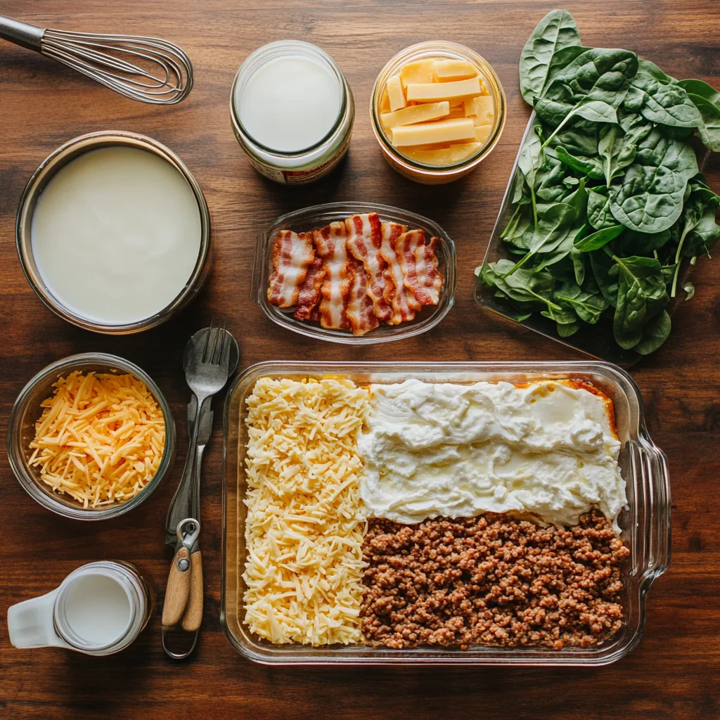 ingredients for breakfast lasagna: whisked eggs in a bowl, shredded hash browns, cooked bacon slices, ground sausage