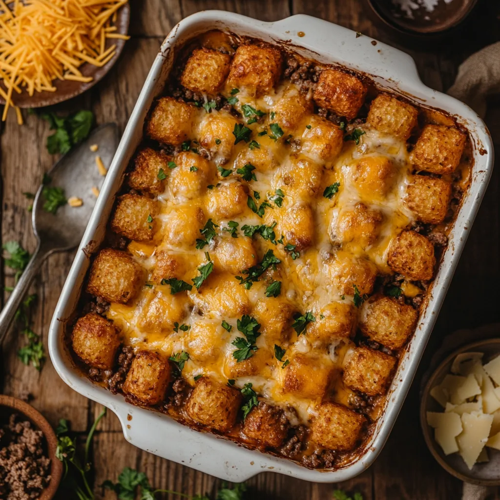 baked tater tot cheeseburger casserole in a rustic white baking dish, with golden-brown crispy tater tots on top, gooey melted cheddar cheese