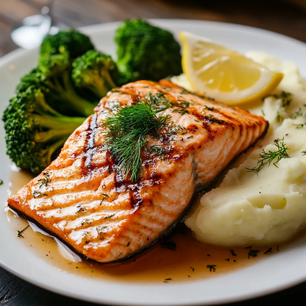 grilled salmon fillet, seasoned with fresh herbs like dill and parsley, served with a side of buttery garlic mashed potatoes