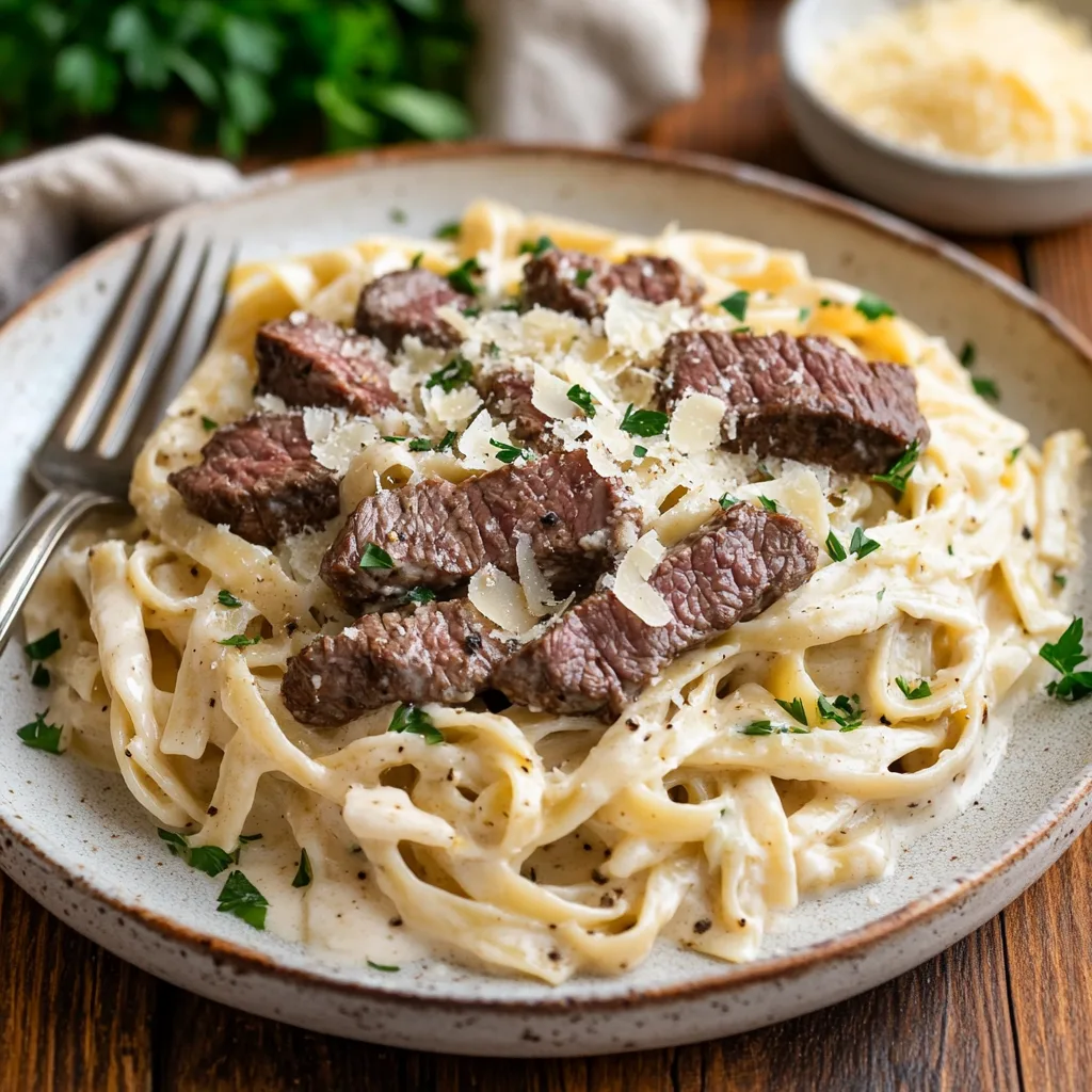A plate of Beef Pasta Alfredo