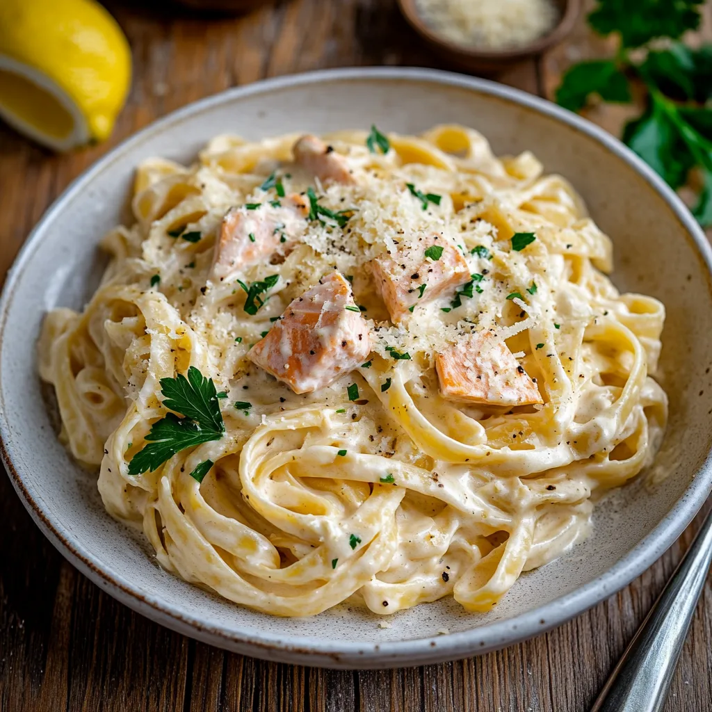 A plate of creamy Salmon Alfredo Pasta