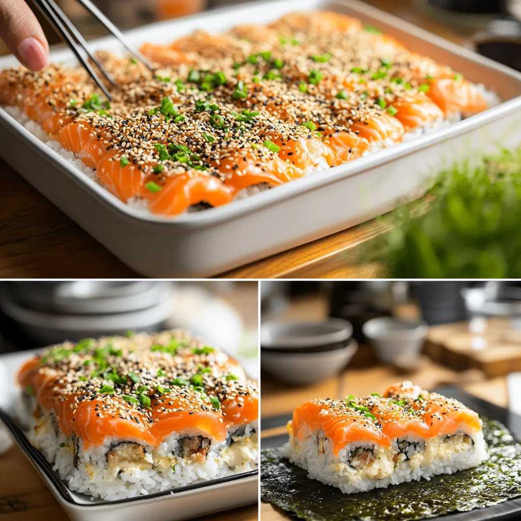 images showing step-by-step preparation: spreading seasoned sushi rice in a baking dish, layering flaked cooked salmon