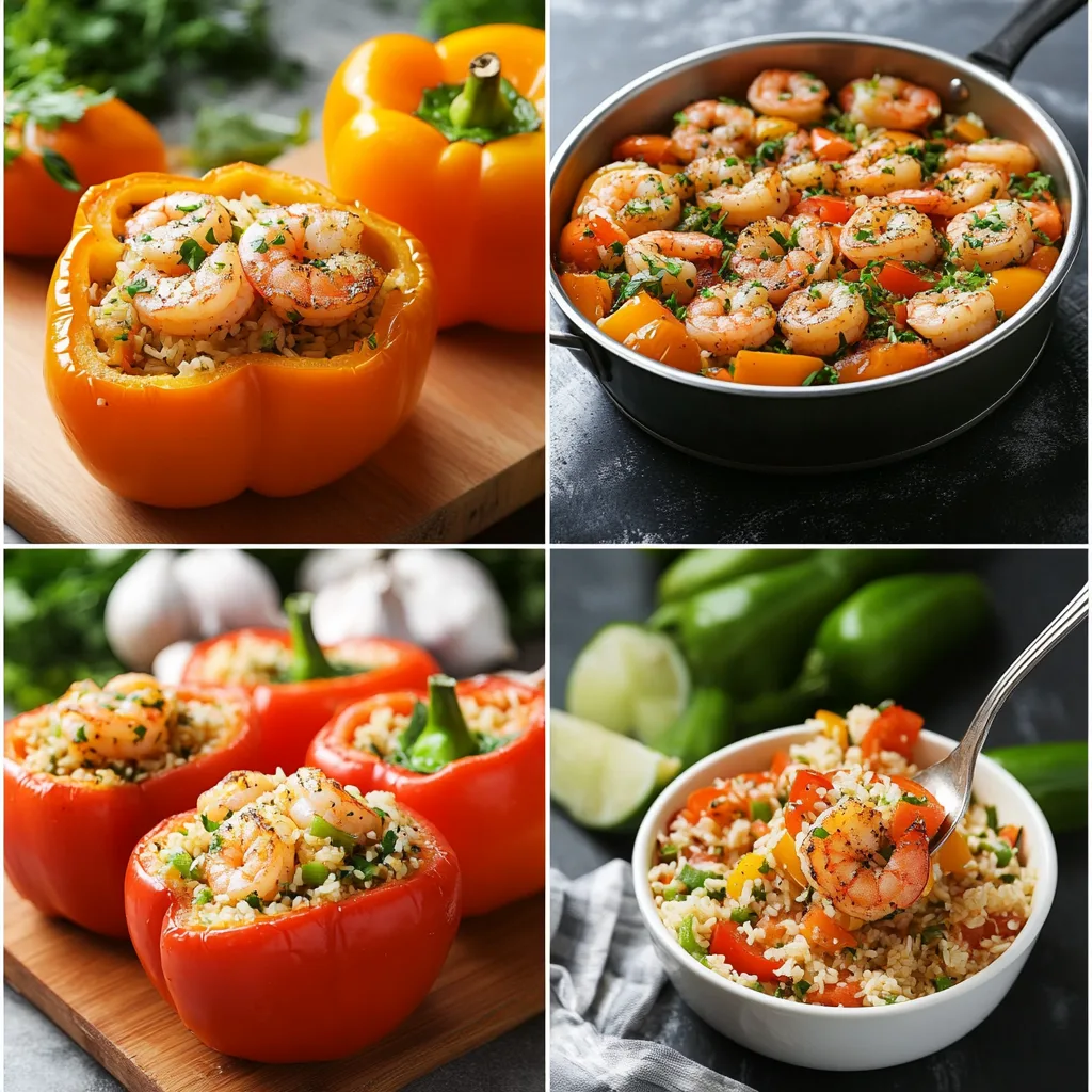 images showing the process of making shrimp stuffed bell peppers: bell peppers being hollowed out on a cutting board, shrimp cooking in a pan with garlic and herbs, a bowl of cooked rice mixed with diced tomatoes and shrimp, stuffing being spooned into the peppers, and finally the stuffed peppers placed in a baking dish ready for the oven.