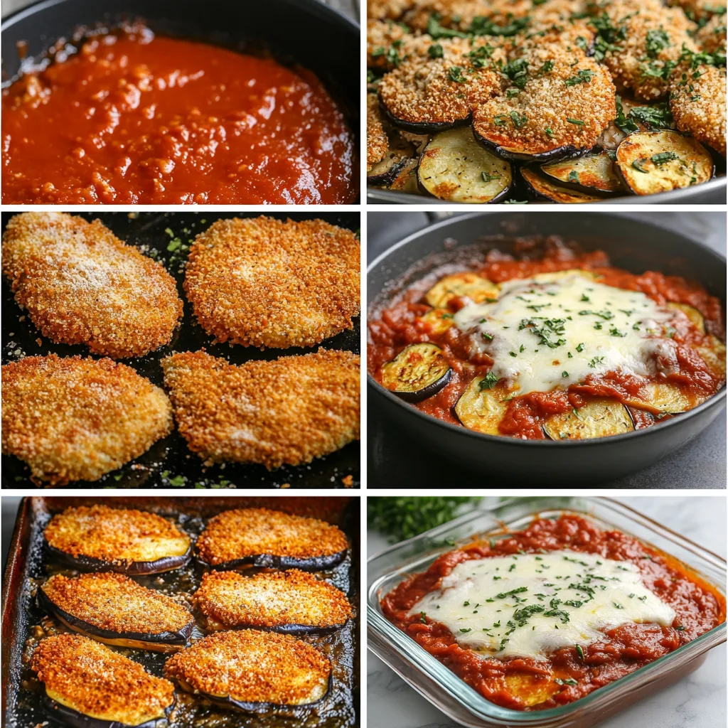 images showing the step-by-step preparation of chicken eggplant parmesan: breading chicken fillets and eggplant slices