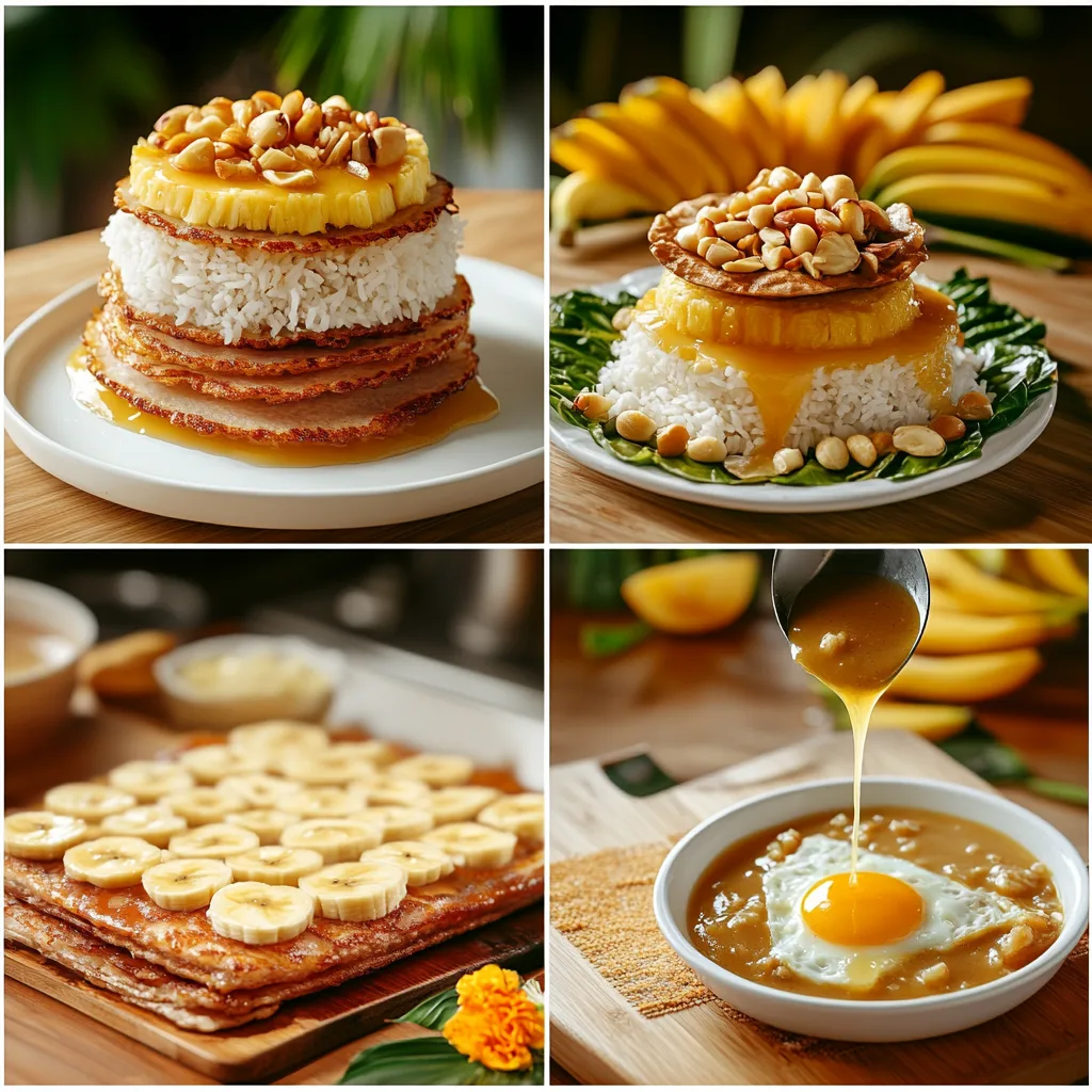 step-by-step collage showing the making of a Hawaiian breakfast. Highlight frying spam slices, cooking rice, layering loco moco with rice, gravy,