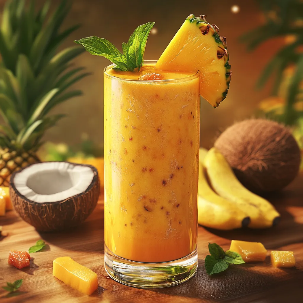 "A tall glass of mango smoothie garnished with mint and fresh mango, surrounded by tropical fruits.