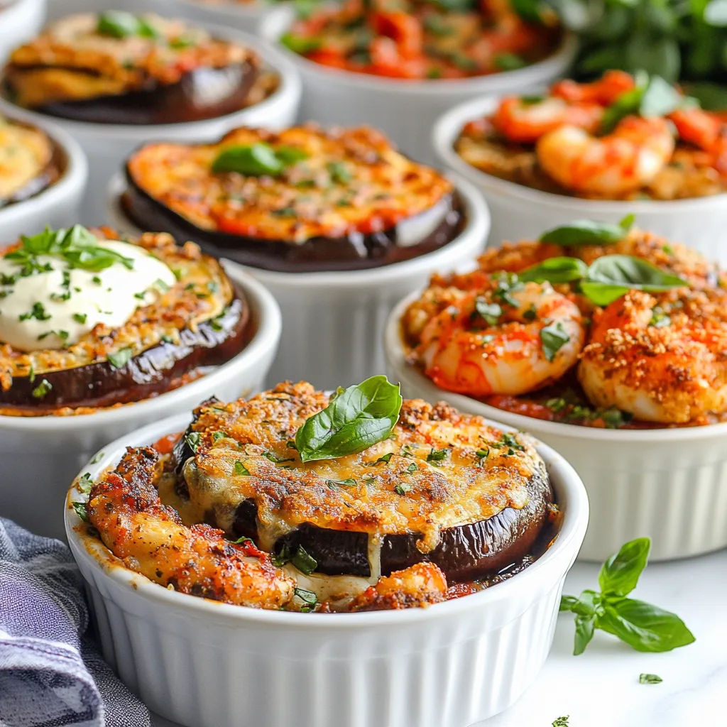 chicken eggplant parmesan dishes displayed together: a low-carb version with roasted eggplant and almond flour-breaded chicken, a spicy Cajun twist with vibrant red pepper flakes, a vegetarian version with extra layers of roasted eggplant and mushrooms, and a seafood-inspired option featuring breaded shrimp layered with eggplant and marinara. All variations presented in individual ramekins or small casserole dishes with fresh garnishes