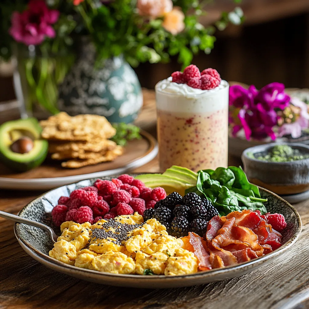 breakfast spread featuring a plate of scrambled eggs with spinach, crispy turkey bacon, and avocado slices, alongside a Greek yogurt parfait layered with berries and granola, and a protein smoothie topped with chia seeds