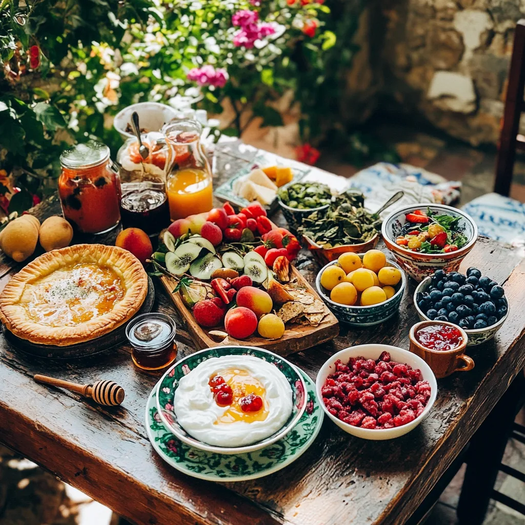 A rustic breakfast table featuring Greek yogurt, koulouri, Greek coffee, and fresh fruits in a Mediterranean setting.