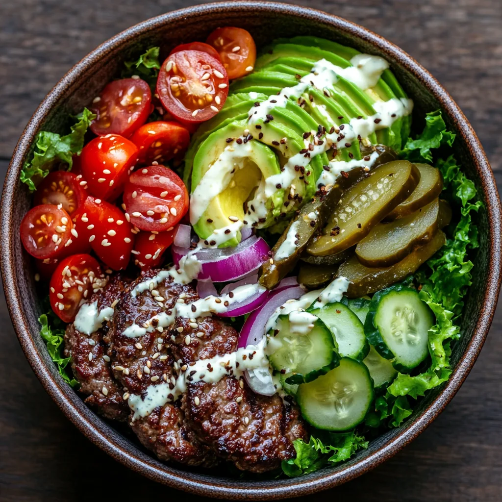A vibrant burger bowl featuring juicy grilled beef patty slices, fresh lettuce, cherry tomatoes, sliced avocado, red onion rings