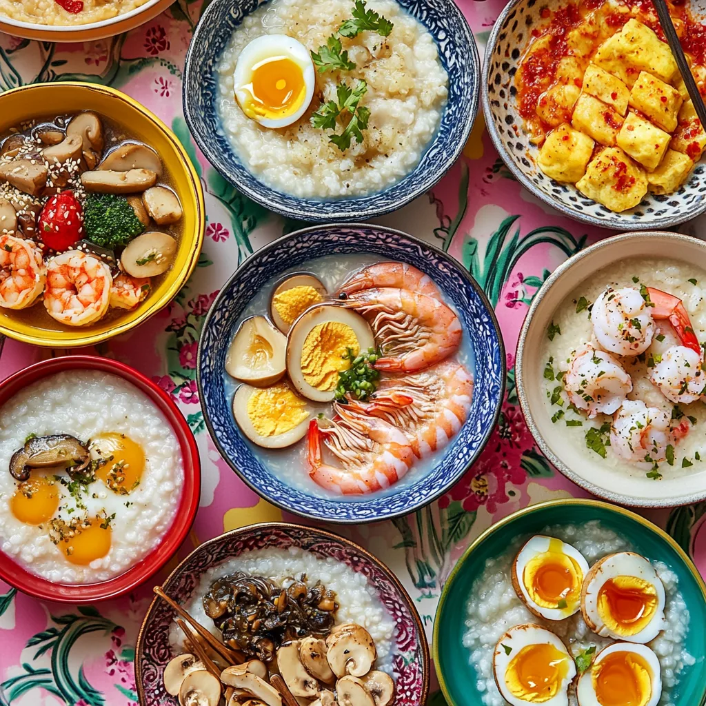 different rice porridge variations: one with boiled egg slices and pickled vegetables, another topped with sautéed mushrooms and tofu